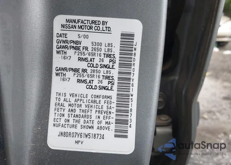 2001 Nissan Pathfinder Se from USA, damaged, VIN JN8DR07Y61W518734